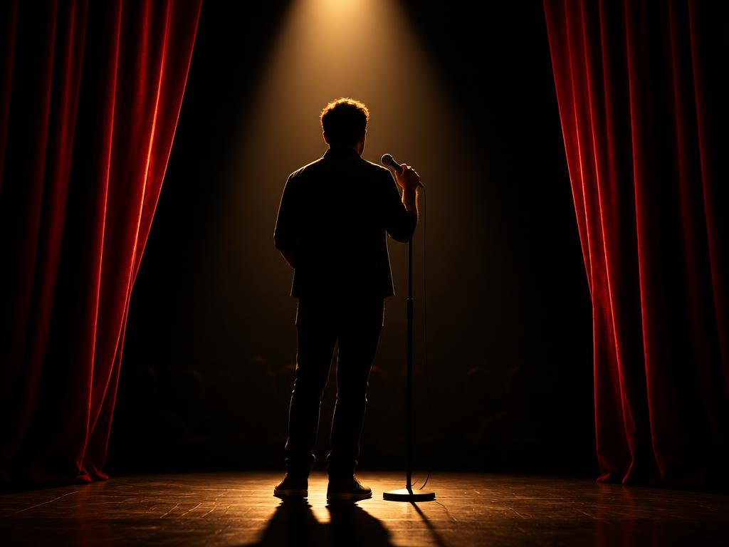 Comedian under a spotlight on a stage framed by red curtains